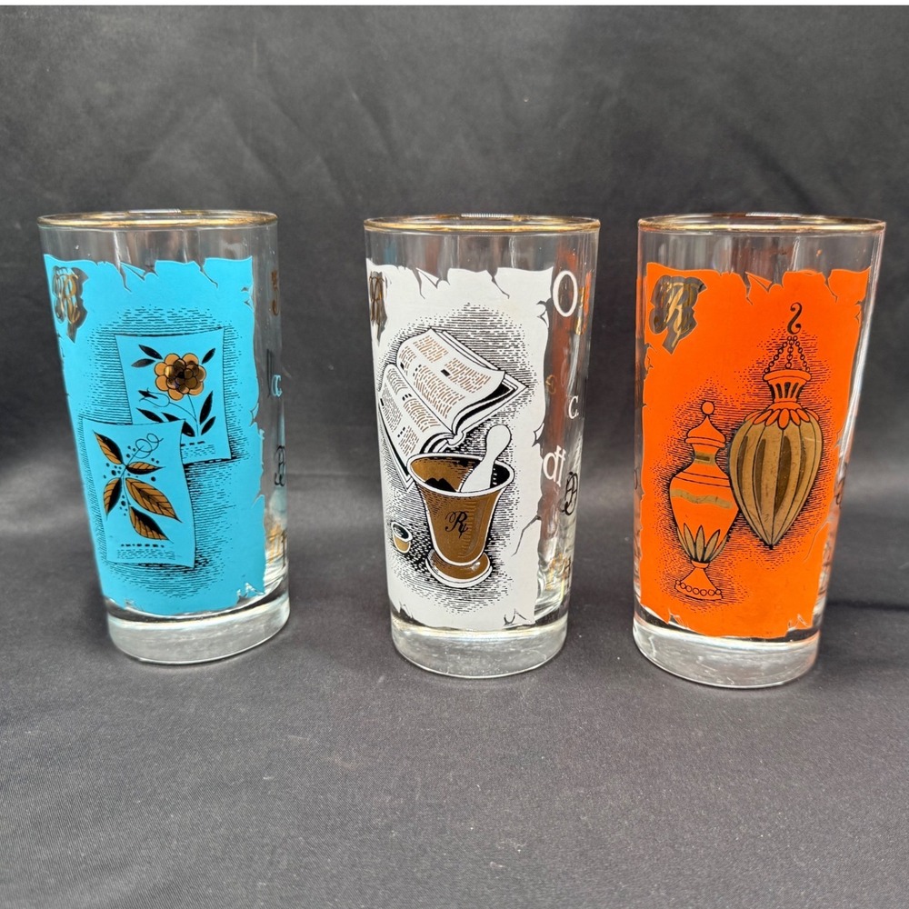 Vintage MCM Apothecary Alchemical Highball Glasses Gold Rim Set of 3 Blue Orange